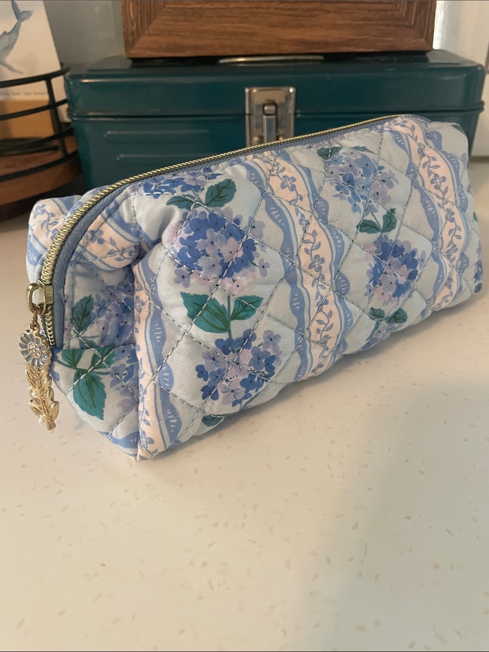 Quilted Blue Floral Cosmetics Pouch